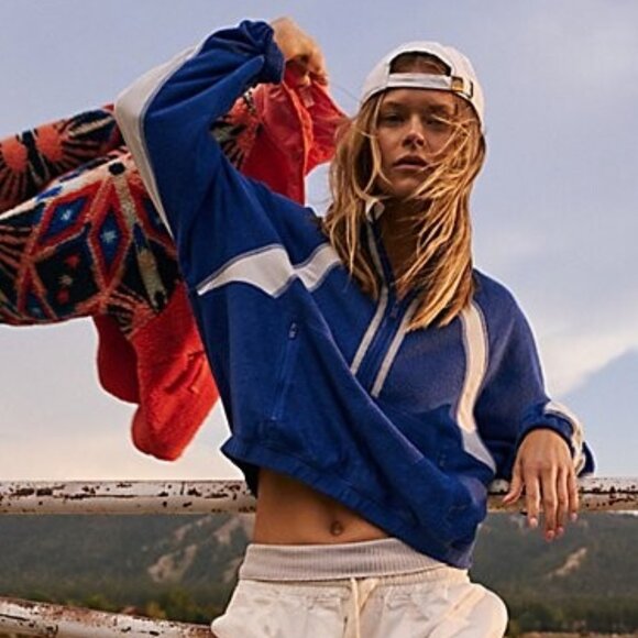 Free People Movement So Fly Half Zip Pullover Fleece Crop Jacket Blue Size XS - Picture 1 of 9